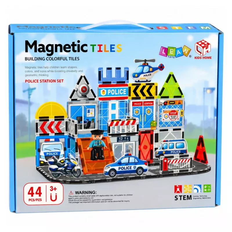 LEAN TOYS Magnētiskie konstruktora bloki Policijas bāze un transportlīdzekļi ar policistu, 44 gab.
