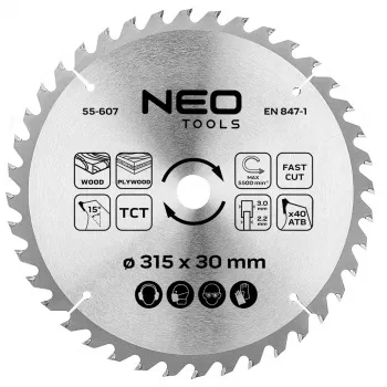 NEO TOOLS 315 mm TCT ripzāģa disks, 40 zobi, 30 mm urbums, koka griešanai
