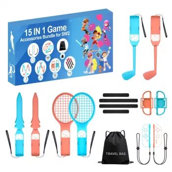 HURTEL Ģimenes piederumu komplekts 15-in-1 Nintendo Switch 2 konsolei - oranžs un zils komplekts