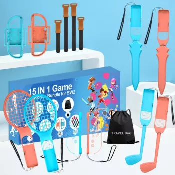 HURTEL Ģimenes piederumu komplekts 15-in-1 Nintendo Switch 2 konsolei - oranžs un zils komplekts