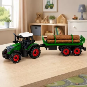 LEAN TOYS lauksaimniecības traktors ar baļķu piekabi, inerces piedziņa, siena ķīpa, 35 cm