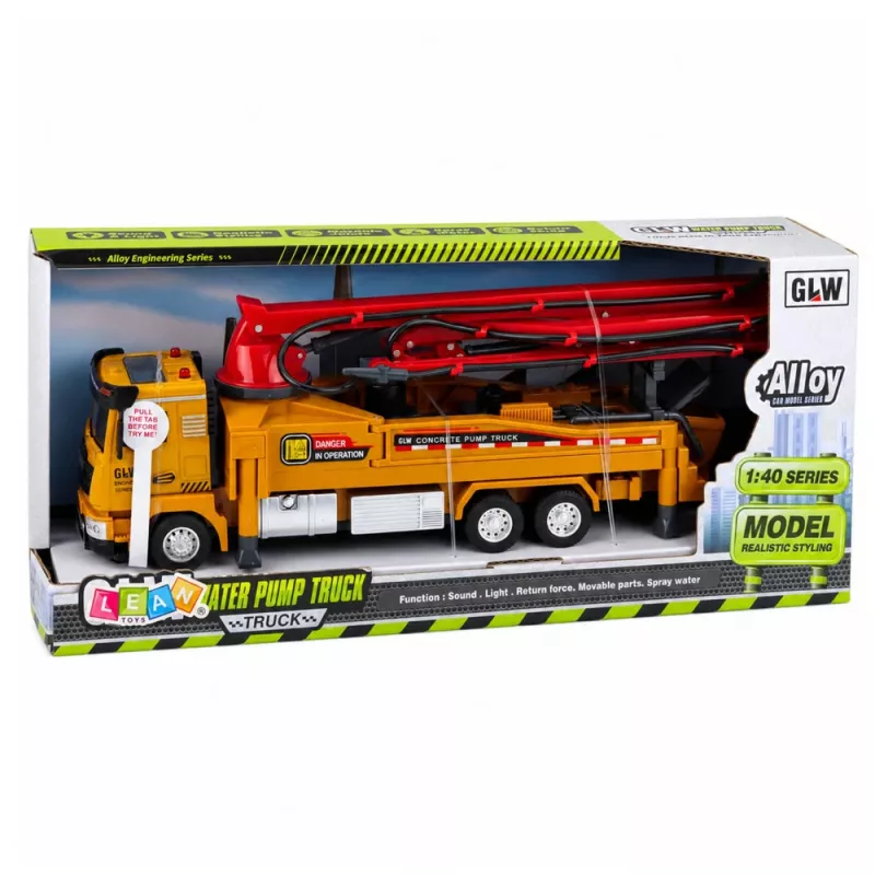 LEAN TOYS Betona sūkņa kravas automašīna RC rotaļlieta ar gaismām, skaņām, ūdens smidzinātāju, mērogs 1:40
