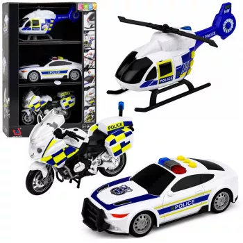 LEAN TOYS Policijas komplekts Helikopters Motocikls Policijas automašīna Gaismas Skaņas 1:32