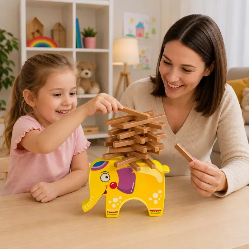 LEAN TOYS Prasmju spēle Līdzsvarojošais zilonis, būvē torņus no klucīšiem, 61 gab.