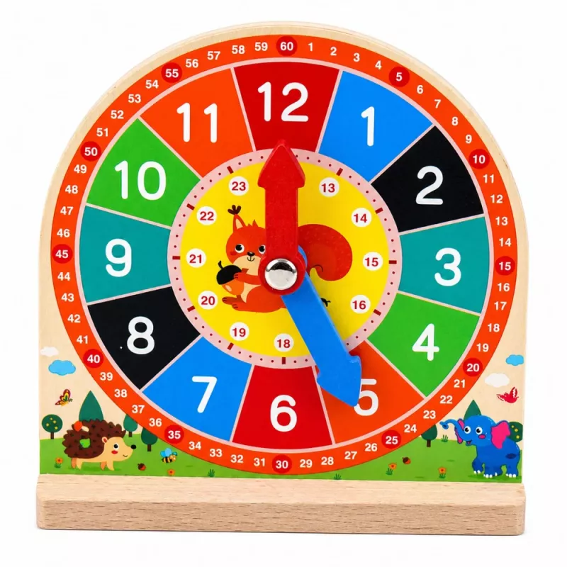 LEAN TOYS Koka izglītojošais pulkstenis stundu mācīšanās ar kustīgām rādītājiem un kartītēm, 55 gab.
