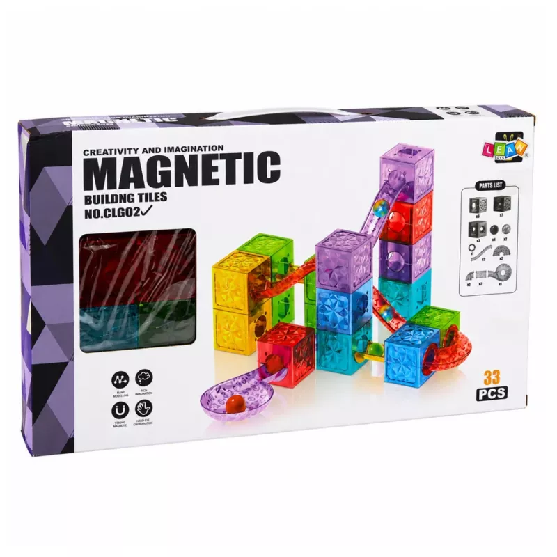 LEAN TOYS Magnētiskie konstruktora bloki kubu bumbiņu trase krāsaini 33 gab.