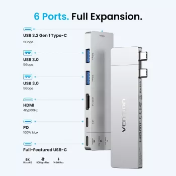 VENTION 6-in-2 Thunderbolt 5 dokstacija 8K@240Hz 80Gbps 140W PD DisplayPort 2.1 USB-C