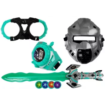 LEAN TOYS Space Knight lomu spēles komplekts ar gaismas zobenu, masku un roku dzelžiem
