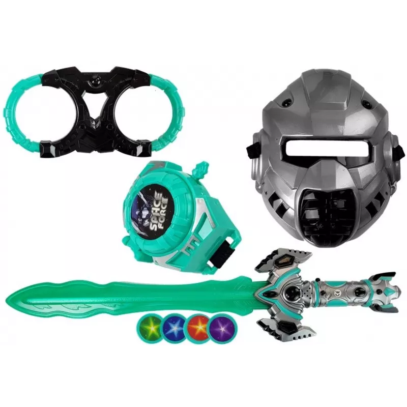 LEAN TOYS Space Knight lomu spēles komplekts ar gaismas zobenu, masku un roku dzelžiem