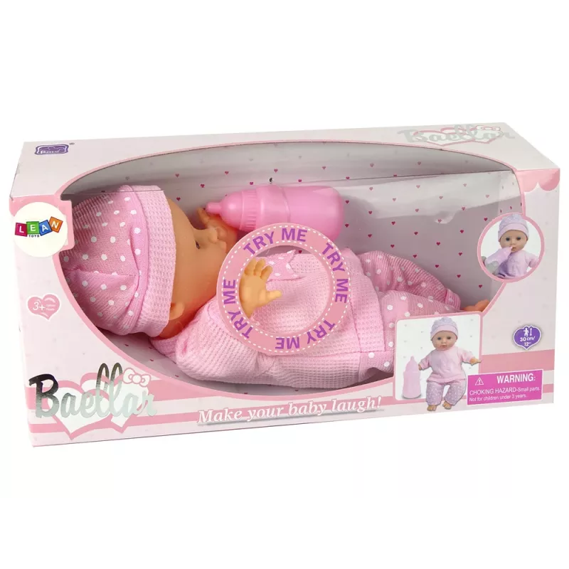 LEAN TOYS Sweet Baby Doll Pink pudeles skaņas interaktīva 30cm lelle ar barošanas pudelīti