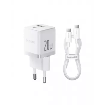 Baseus Palm 20W sienas lādētājs, 1x USB-A + 1x USB-C, QC3.0/PD3.0, ar 1 m USB-C kabeli, balts (P10111608213-01)