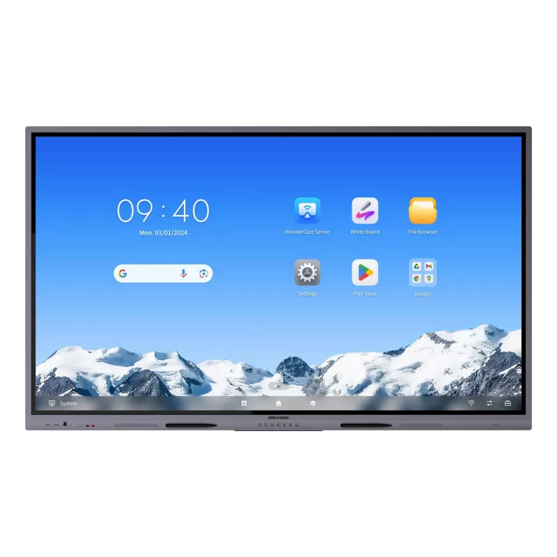 Hikvision DS-D5C75RB/A2L 75 collu 4K interaktīvais displejs, Android 14 (paplašināms līdz 16 EDLA), 40 punktu IR skārienjutīgs, 8GB RAM, 128GB atmiņa, Wi-Fi 6, Bluetooth 5.2, 3x HDMI, USB-C, 2x15W skaļruņi, 8 mikrofonu bloks, VESA 800x400