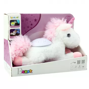 LEAN TOYS Plīša vienradzis guļošs mīkstais rotaļu dzīvnieks ar projektoru un skaņu