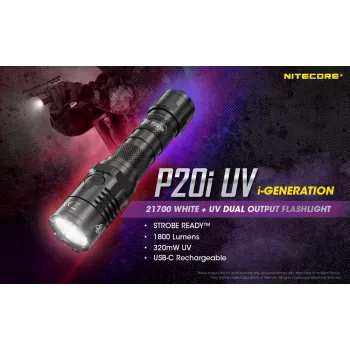 Nitecore NT-P20I-UV taktiskais lukturis ar UV gaismu, 1800 lūmeni, USB-C uzlāde, IP68, melns