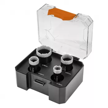 NEO TOOLS Dimanta urbjserija 18/22/27/35 mm, 4 gab., M14 vītne, sausā urbšana keramikai, porcelānam, keramikas izstrādājumiem, stiklam, marmoram, granītam, terakotai