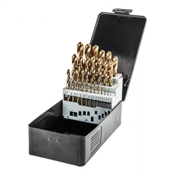 NEO TOOLS 25 gab. HSS-TiN urbju komplekts metālam, 1,0–13,0 mm, DIN 338, 135° šķeltā smaile, metāla kastīte