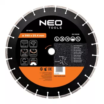 NEO TOOLS 350 mm lāzermetināts segmentēts dimanta disks, 25,4 mm urbums, betonam, asfaltam, akmenim