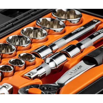 NEO TOOLS 1/2 inch piedziņas uzgriežņu atslēgu komplekts, 23 daļas, hroma vanādija tērauds, DIN 3124