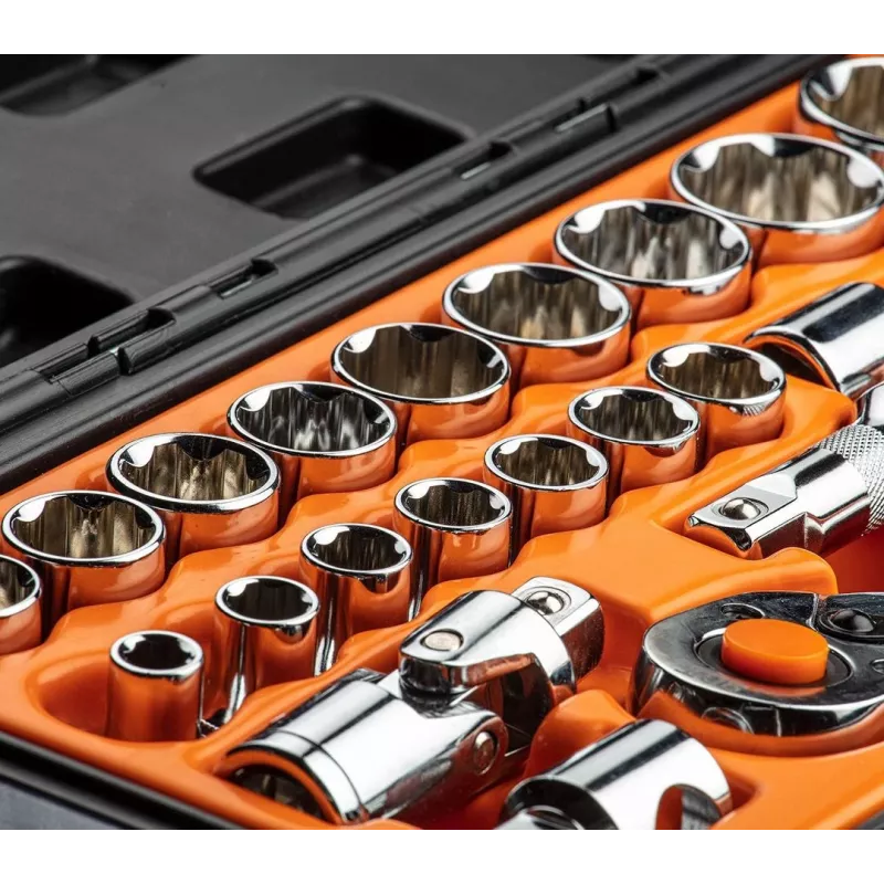 NEO TOOLS 1/2 inch piedziņas uzgriežņu atslēgu komplekts, 23 daļas, hroma vanādija tērauds, DIN 3124