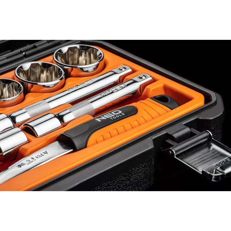 NEO TOOLS 1/2 inch piedziņas uzgriežņu atslēgu komplekts, 23 daļas, hroma vanādija tērauds, DIN 3124