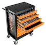 NEO TOOLS darbnīcas skapis ar 7 atvilktnēm un 129 daļu instrumentu komplektu, sarkans/melns, lodīšu gultņu slīdnes, centrālā slēdzene, 400 kg ietilpība