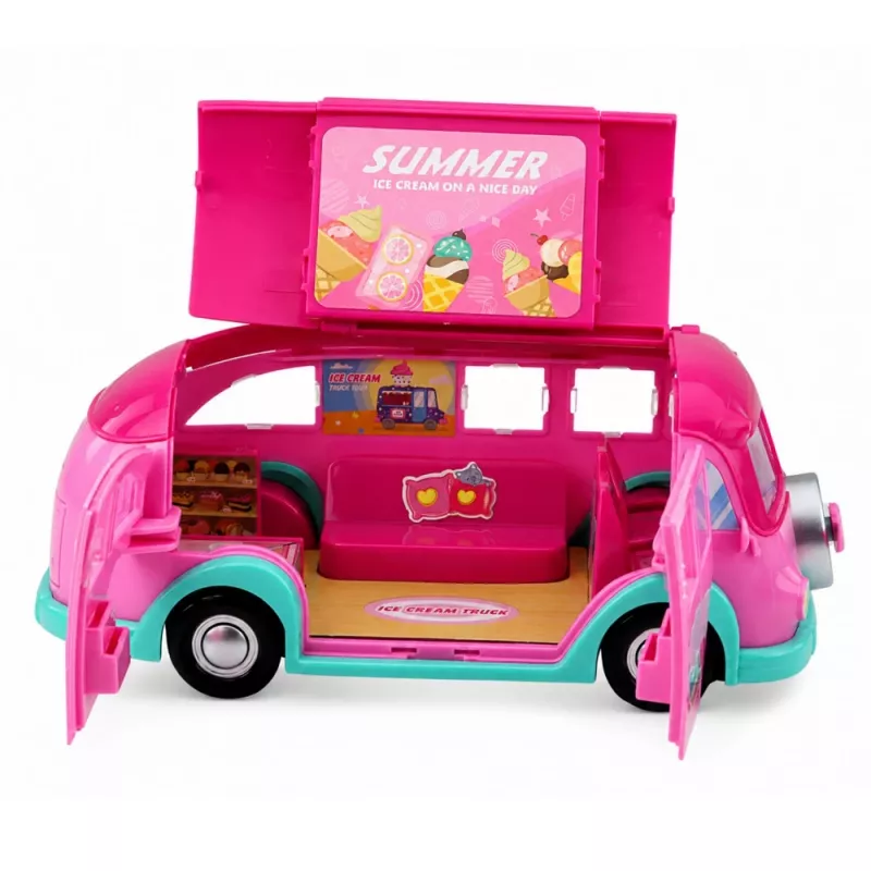 LEAN TOYS Saldējuma furgons leļļu rotaļu komplekts, salokāms, rozā, 33 daļas