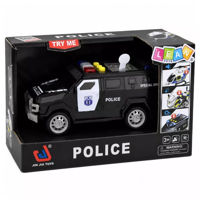 LEAN TOYS Policijas auto Speciālais transportlīdzeklis 1:32 mērogs Melns ar gaismām un skaņām