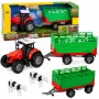 LEAN TOYS Traktors ar piekabi dzīvnieku pārvadāšanai, govju figūriņas, gaismas un skaņas, 4 gab.