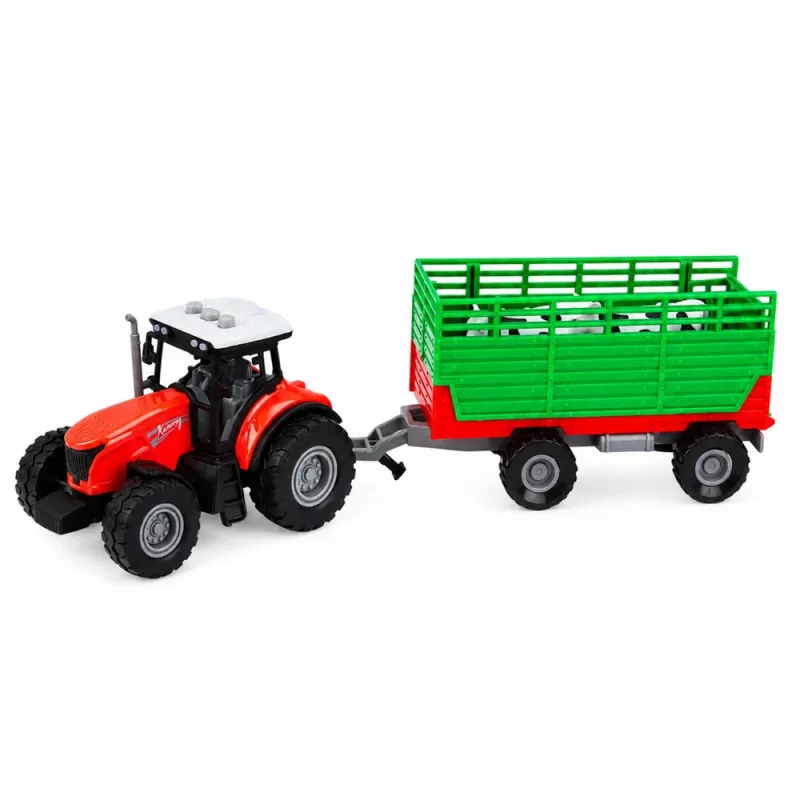 LEAN TOYS Traktors ar piekabi dzīvnieku pārvadāšanai, govju figūriņas, gaismas un skaņas, 4 gab.