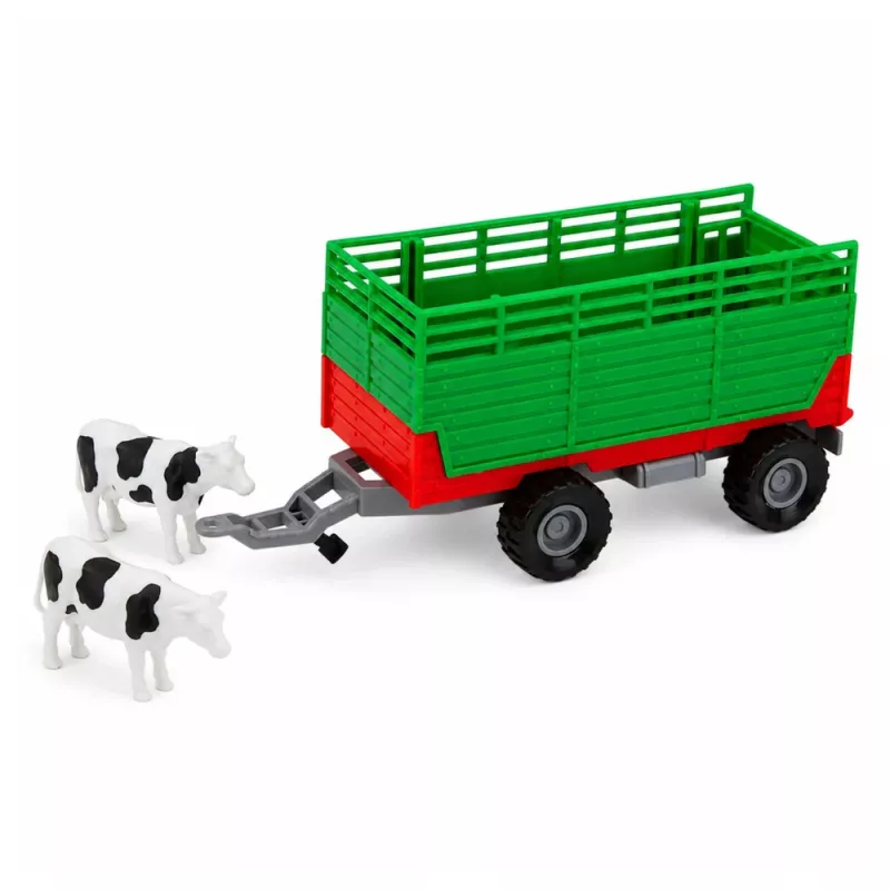 LEAN TOYS Traktors ar piekabi dzīvnieku pārvadāšanai, govju figūriņas, gaismas un skaņas, 4 gab.