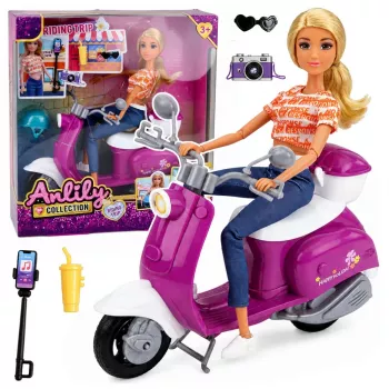 LEAN TOYS Anlily ceļotāja lelle ar skrejriteni, brillēm, tālruņa turētāju un aksesuāriem