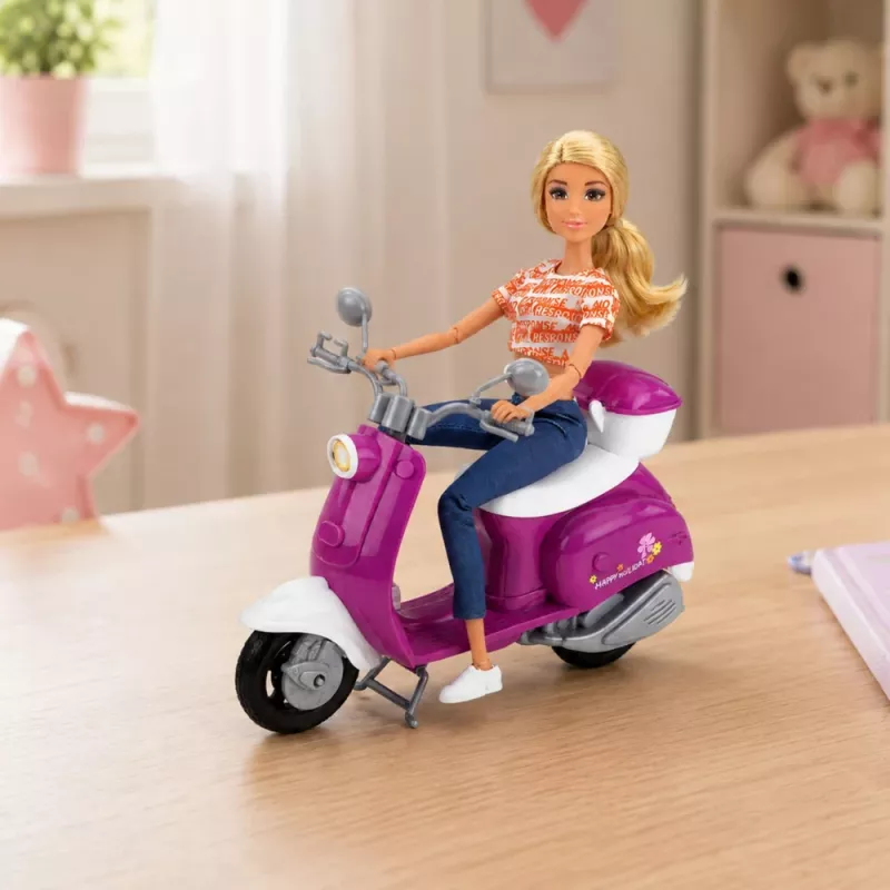 LEAN TOYS Anlily ceļotāja lelle ar skrejriteni, brillēm, tālruņa turētāju un aksesuāriem