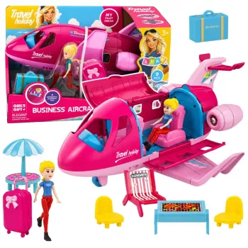 LEAN TOYS Salokāma lidmašīna lellēm ceļojumu komplekts Aksesuāri lellēm Rozā 9 gab.