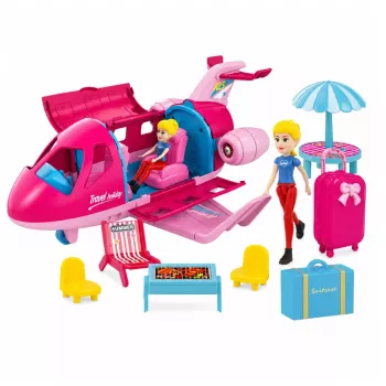 LEAN TOYS Salokāma lidmašīna lellēm ceļojumu komplekts Aksesuāri lellēm Rozā 9 gab.