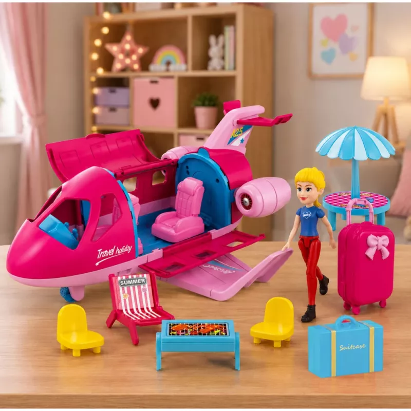 LEAN TOYS Salokāma lidmašīna lellēm ceļojumu komplekts Aksesuāri lellēm Rozā 9 gab.