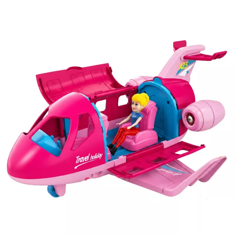 LEAN TOYS Salokāma lidmašīna lellēm ceļojumu komplekts Aksesuāri lellēm Rozā 9 gab.