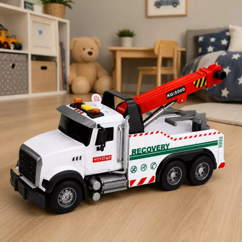LEAN TOYS Būvniecības kravas automašīna ar regulējamu celtni, gaismām un skaņām, balta 1:14