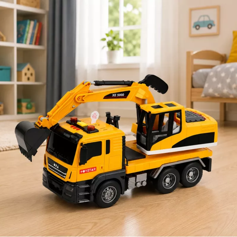 LEAN TOYS 1:14 RC ekskavators ar kustīgu kausu, gaismām un skaņu – dzeltens