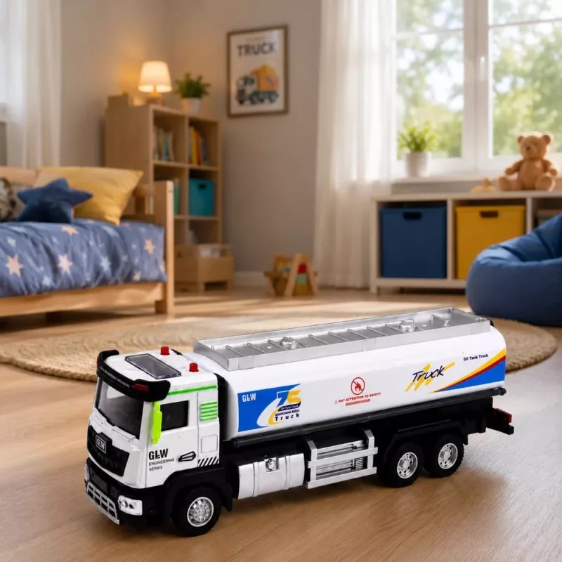LEAN TOYS Metāla cisternas kravas auto ar inerces piedziņu, gaismām un skaņām, zils un balts, mērogs 1:40