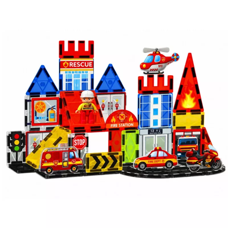 LEAN TOYS Magnētiskie konstruktora bloki Ugunsdzēsēju stacija 42 gab.