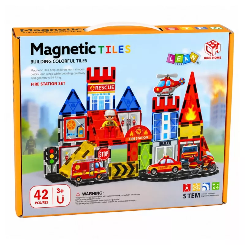 LEAN TOYS Magnētiskie konstruktora bloki Ugunsdzēsēju stacija 42 gab.