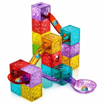 LEAN TOYS Magnētiskie konstrukcijas bloki, kubi, bumbiņu trase, krāsaini, 28 gab.