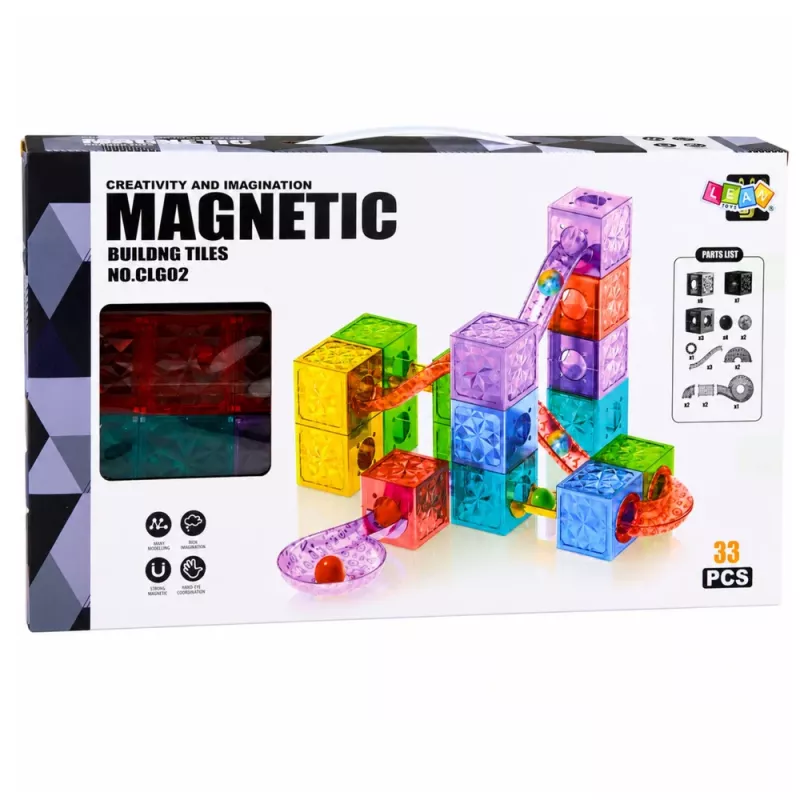 LEAN TOYS Magnētiskie konstrukcijas bloki, kubi, bumbiņu trase, krāsaini, 28 gab.