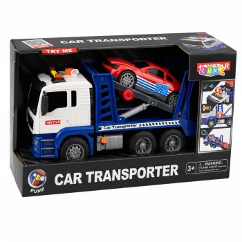 LEAN TOYS Lora autoevakuators ar automašīnu, braukšanu, gaismām un skaņām, zils