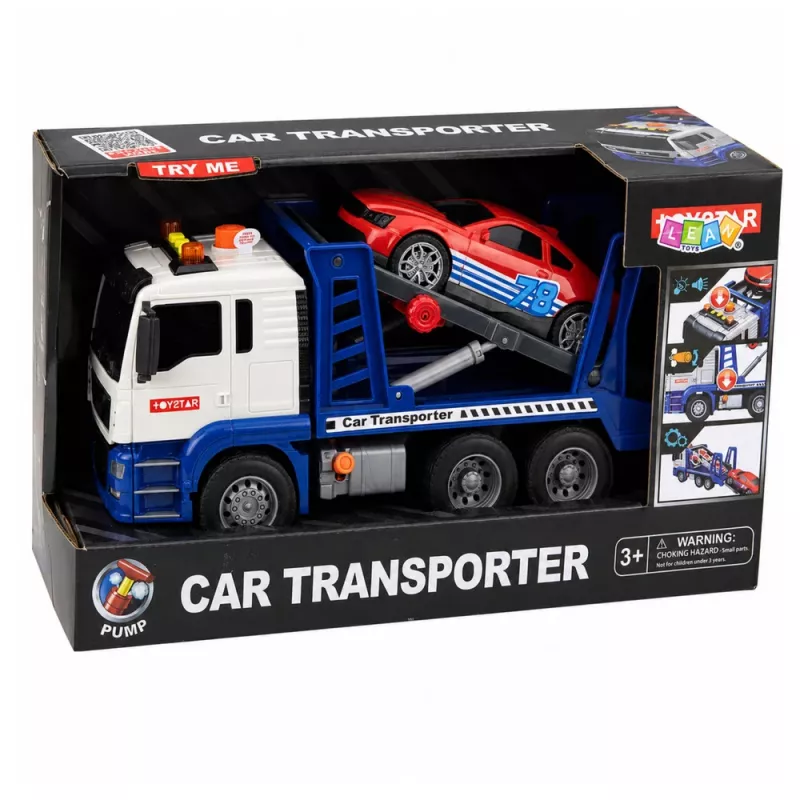 LEAN TOYS Lora autoevakuators ar automašīnu, braukšanu, gaismām un skaņām, zils