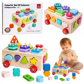 LEAN TOYS koka Montessori izglītojošais šķirotājs uz riteņiem ar formām un cipariem