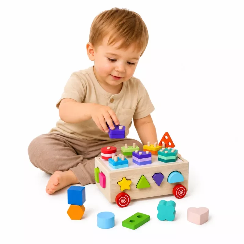 LEAN TOYS koka Montessori izglītojošais šķirotājs uz riteņiem ar formām un cipariem