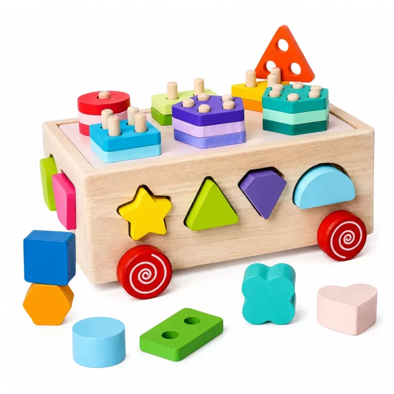 LEAN TOYS koka Montessori izglītojošais šķirotājs uz riteņiem ar formām un cipariem