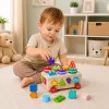 LEAN TOYS koka Montessori izglītojošais šķirotājs uz riteņiem ar formām un cipariem