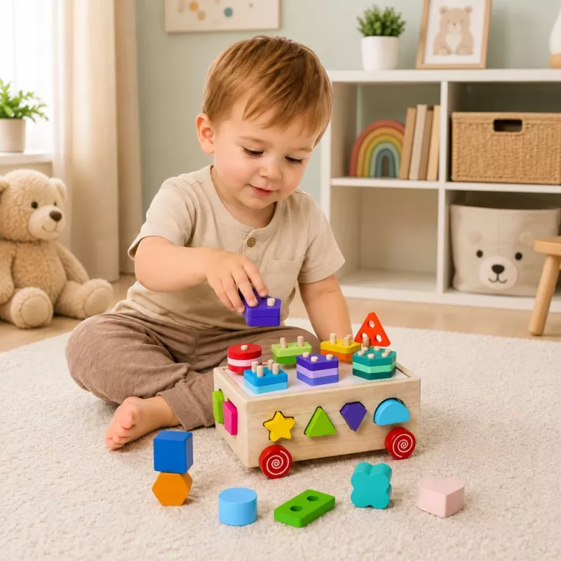 LEAN TOYS koka Montessori izglītojošais šķirotājs uz riteņiem ar formām un cipariem
